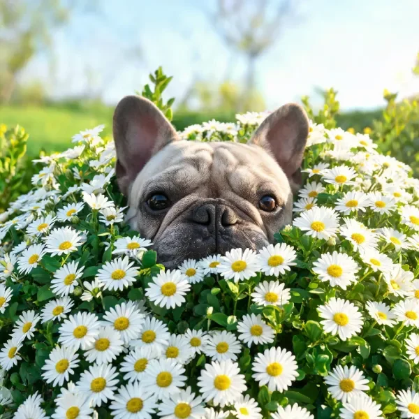 法国斗牛犬半掩在雏菊花丛中，黑色鼻头与浅灰色皮毛清晰可见。