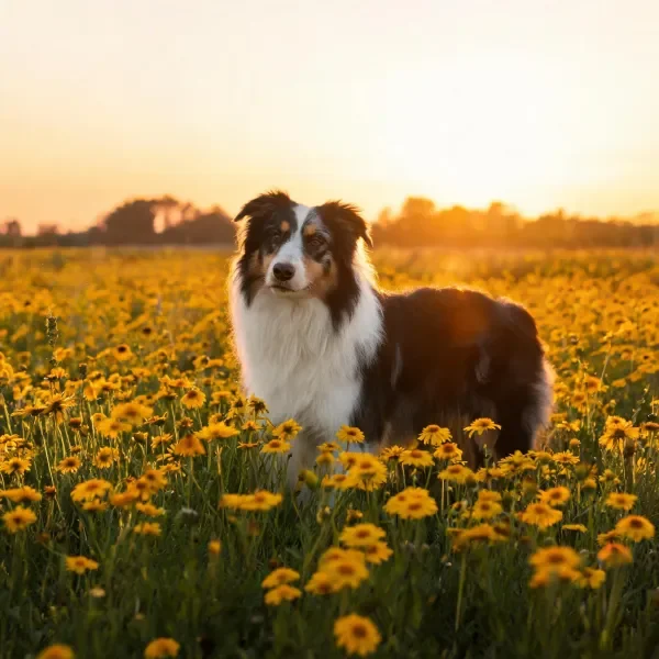 澳大利亚牧羊犬毛发蓬松，处于黄色野花丛中，面部有黑白棕三色特征。
