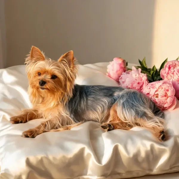 约克夏犬卧于白色软垫旁的花卉旁