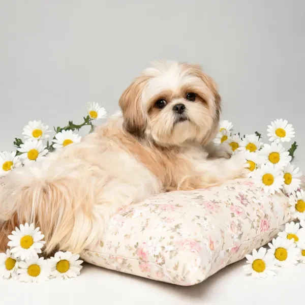 西施犬毛发蓬松趴在花卉旁，周围环绕着白色雏菊，面部毛发浓密。