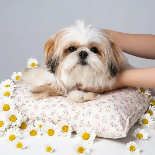 西施犬安静趴卧，身上覆盖着黑白棕三色蓬松毛发，周围环绕着白色雏菊花朵。