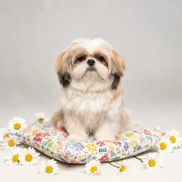 西施犬安静地坐在花卉装饰的软垫上,浅棕色与白色相间的毛发蓬松,周围环绕着白色雏菊。