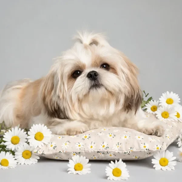 西施犬安静躺卧在印有雏菊图案的软垫上，周围环绕着白色雏菊，毛发蓬松柔软。
