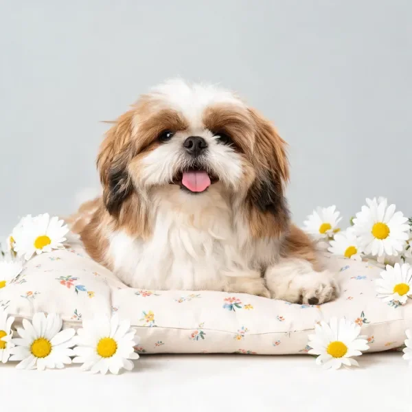 西施犬安静地趴在软垫上，周围是白色雏菊，毛发蓬松柔软。