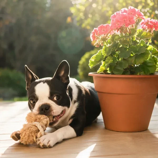 波士顿梗犬黑白相间的毛发清晰它正在把玩的棕色绒质玩具。