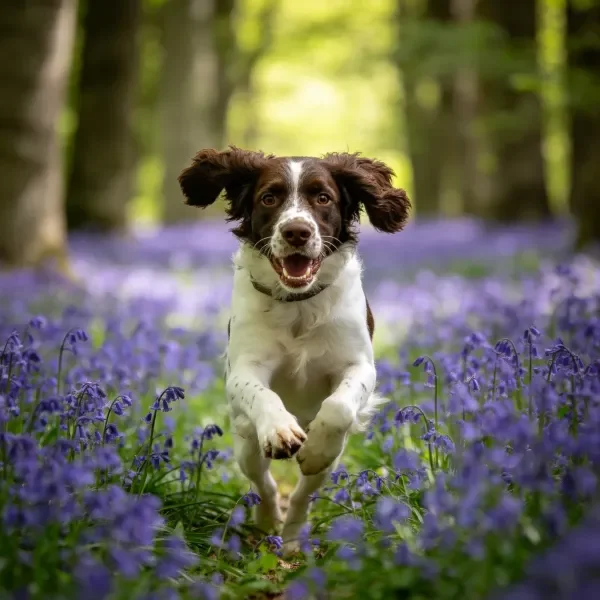 英国史宾格犬在时耳朵大幅度摆动,周围是密集的蓝铃花丛。