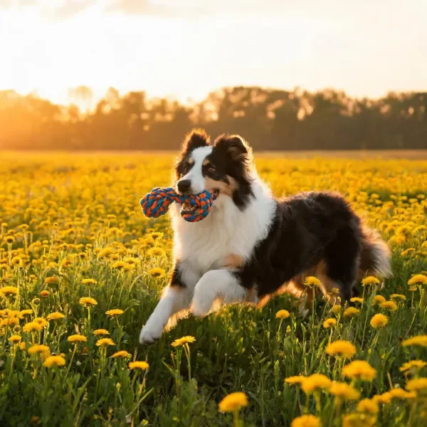 黄花花海中澳大利亚牧羊犬持绳奔跑