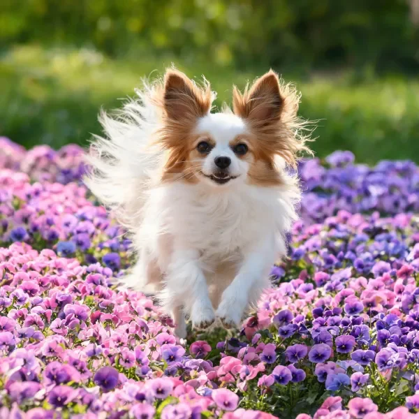 蝴蝶犬在紫色丛中跳跃,白色与浅棕色毛发随风扬起,耳朵竖立形态灵动。