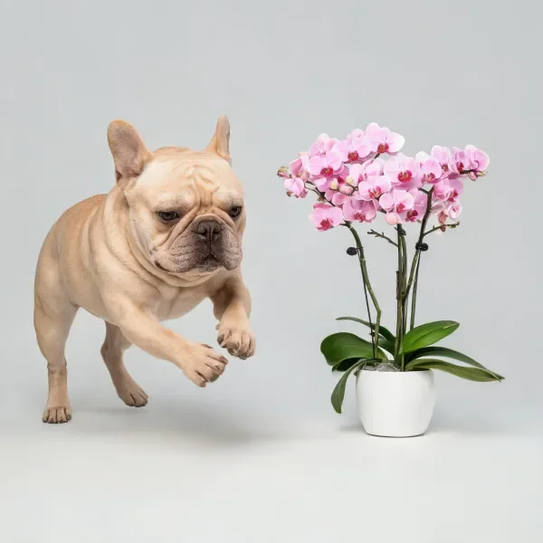 法国斗牛犬正跃起,浅棕色短毛皮毛柔软,前爪向前伸展,朝着粉色兰花盆栽方向移动。