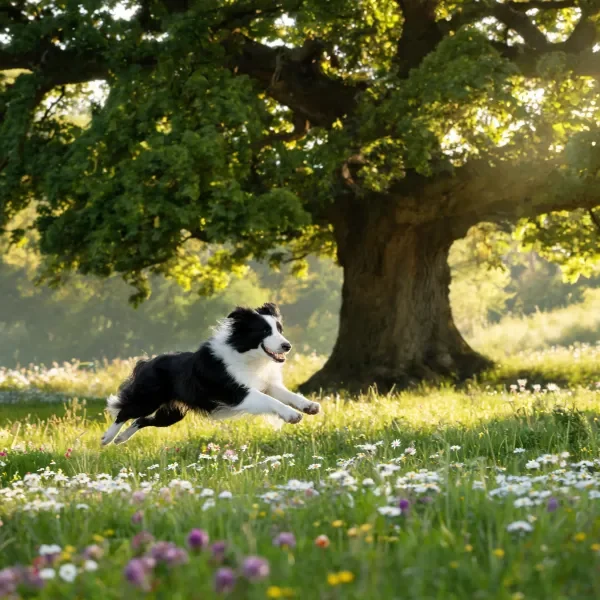 边境牧羊犬黑白相间的毛发在跳跃过程中显得十分蓬松,四肢伸展姿态清晰可见。
