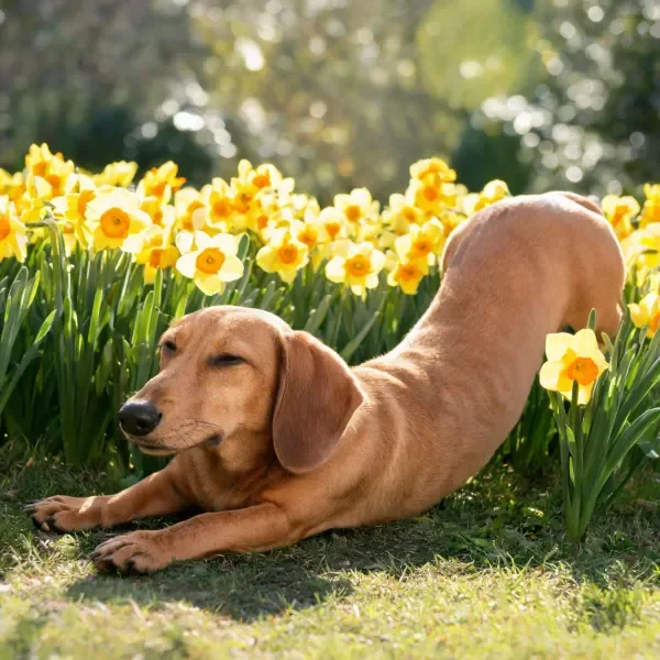 腊肠犬舒展身体趴在草地上，浅棕色皮毛顺滑，周围盛开着明黄色水仙花。