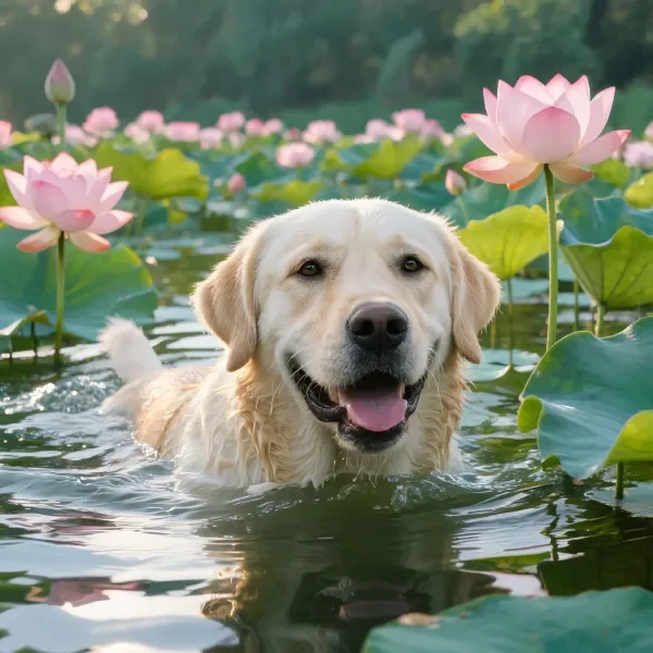 拉布拉多寻回犬在荷花池中游泳，浅金色皮毛湿润贴在身上，嘴巴张开露着舌头。