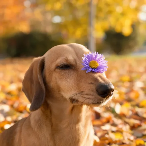 腊肠犬额头上有一朵紫色带黄色花蕊的花，浅棕色皮毛在光线下清晰呈现。