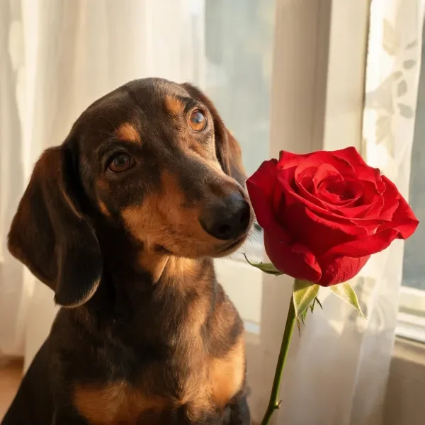 腊肠犬用鼻尖轻触鲜艳的红玫瑰，棕褐与浅棕相间的毛发在光线映照下显得格外清晰。