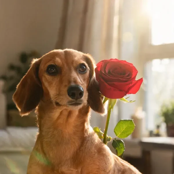 腊肠犬安静带温和神情与红玫瑰同框，红玫瑰的花瓣饱满且颜色鲜艳。