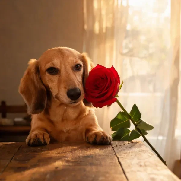 腊肠犬将头部轻靠在鲜艳的红玫瑰旁，浅棕色短毛柔软顺滑，玫瑰花色浓郁饱满。