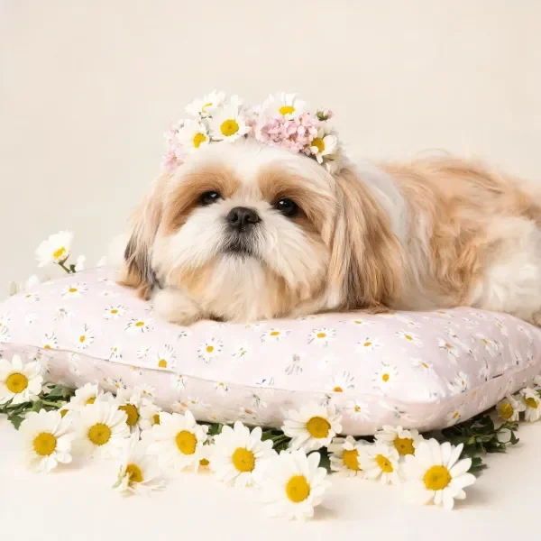 西施犬安静地趴在雏菊花纹枕上,头顶戴有雏菊花环,周围散落着白色雏菊。