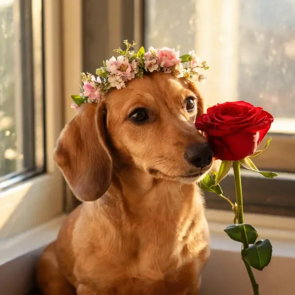 一只棕褐色的腊肠犬正用鼻尖轻触红玫瑰,头顶戴着浅粉色花冠。
