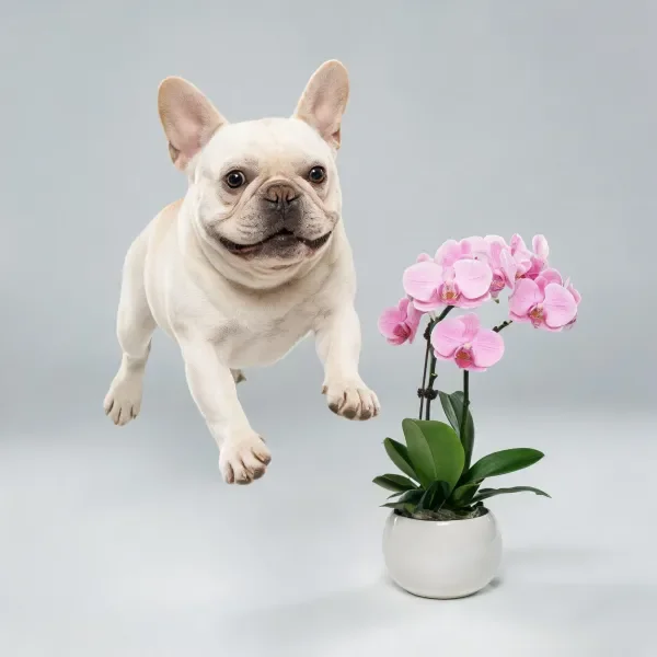 浅色法国斗牛犬向前跳跃的姿态,身旁粉色兰花花瓣饱满。