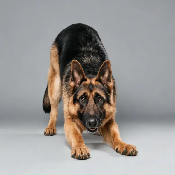 德国牧羊犬呈伸展姿态，黑棕相间毛发，爪垫纹理清晰可见。