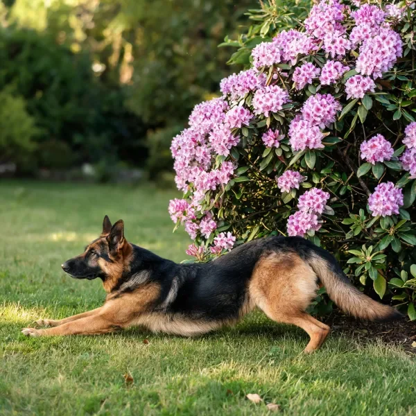 德国牧羊犬呈伸展姿态趴卧在草地上，身旁是开满紫粉色花朵的花丛，毛发黑棕相间。