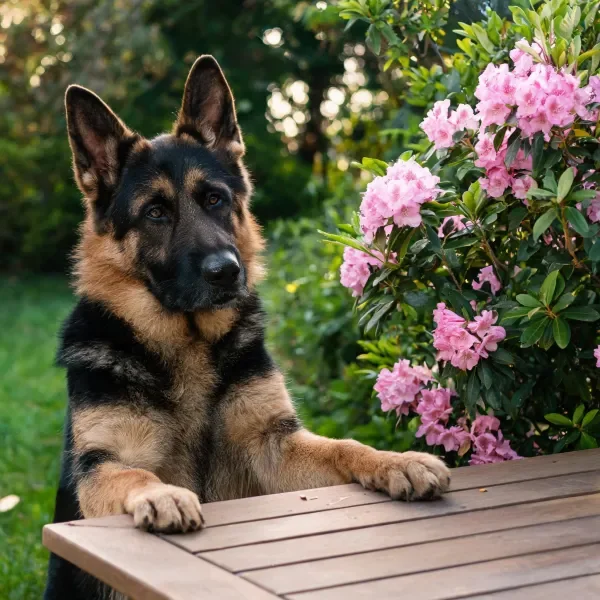 德国牧羊犬安静地坐在户外，前爪搭在木桌上，黑棕色毛发清晰，旁边是盛开的粉色花卉。