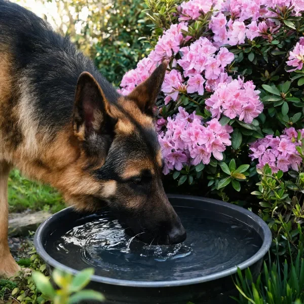 德国牧羊犬低头饮用容器中的水，黑棕色相间的皮毛湿润，周围是盛放的花朵。