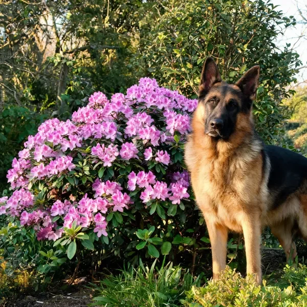 一只德国牧羊犬站在盛开的杜鹃花丛旁,黑棕色相间的毛发整齐,耳朵竖立。