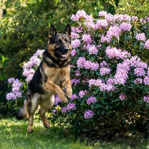 德国牧羊犬跳跃时，黑色与棕色相间的毛发清晰可见，周围环绕着盛开的粉色花朵。