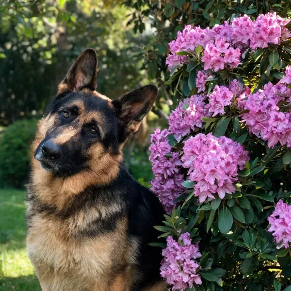 德国牧羊犬安静地坐在盛开着粉色花朵的花丛旁,黑白相间的毛发与鲜艳的花卉形成鲜明对比。