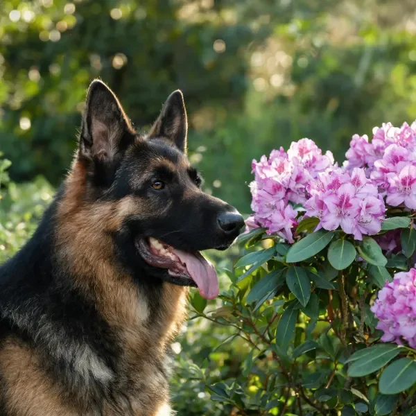 德国牧羊犬与杜鹃花的近距离互动特写