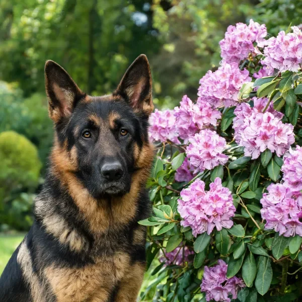 画面中是一只德国牧羊犬，它有着黑棕色相间的毛发，耳朵竖立，正安静地处于花园中，身旁有盛放的花卉。