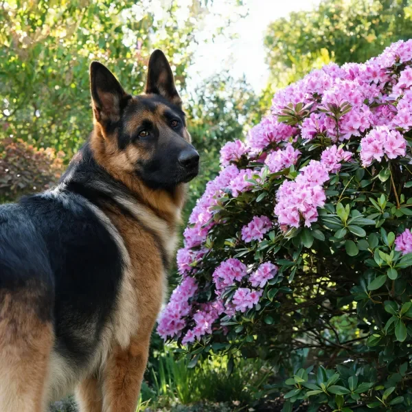 德国牧羊犬目光注视着身旁盛开的紫色花卉灌木丛,耳朵处于警觉状态,毛发纹理清晰可见。