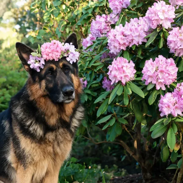 德国牧羊犬戴着由粉色杜鹃花组成的花冠,黑棕相间的毛发与周围茂密盛放的杜鹃花形成鲜明对比。