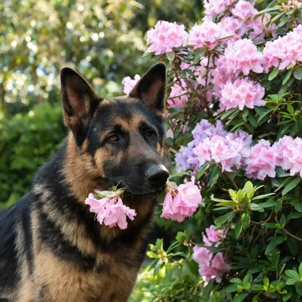 德国牧羊犬与杜鹃花的户外特写