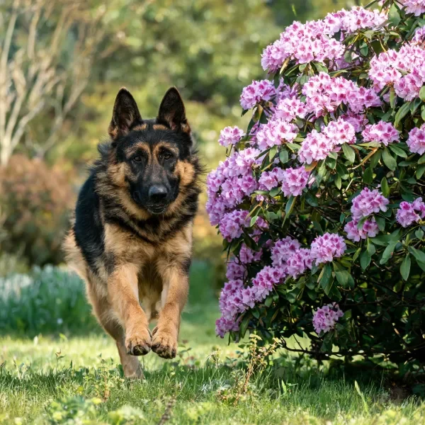 德国牧羊犬奔跑时黑棕相间的毛发清晰可见,正朝着镜头方向快速移动。