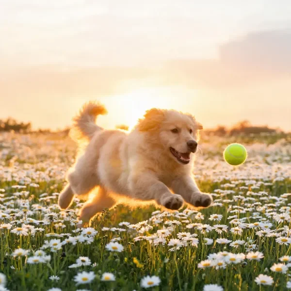 金毛幼犬追逐网球,浅金色蓬松毛发在夕阳下清晰可见。