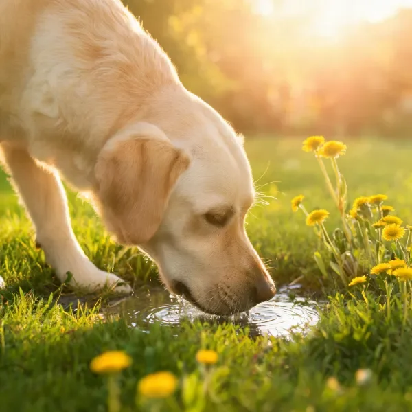 拉布拉多犬低头饮水,鼻尖沾有水珠,浅黄色皮毛在阳光下显得柔软蓬松。