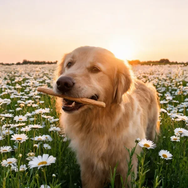 金毛寻回犬叼着长条状物品站在雏菊花田中,毛发在夕阳下呈现出柔和的浅金色。