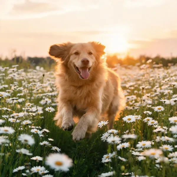 金毛寻回犬夕阳下花田奔跑