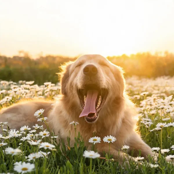 金毛犬嘴巴张开,粉色舌头伸出,浅金色毛发在夕阳下显得柔软蓬松。