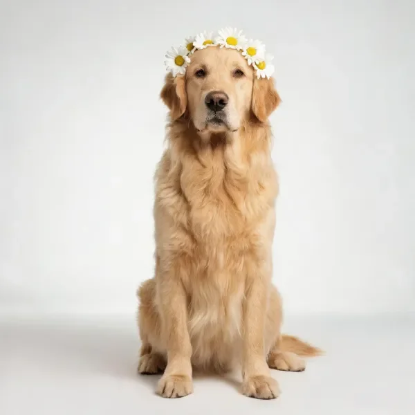 一只金毛寻回犬,头顶戴着由白色雏菊组成的花冠,浅金色毛发柔软有光泽。