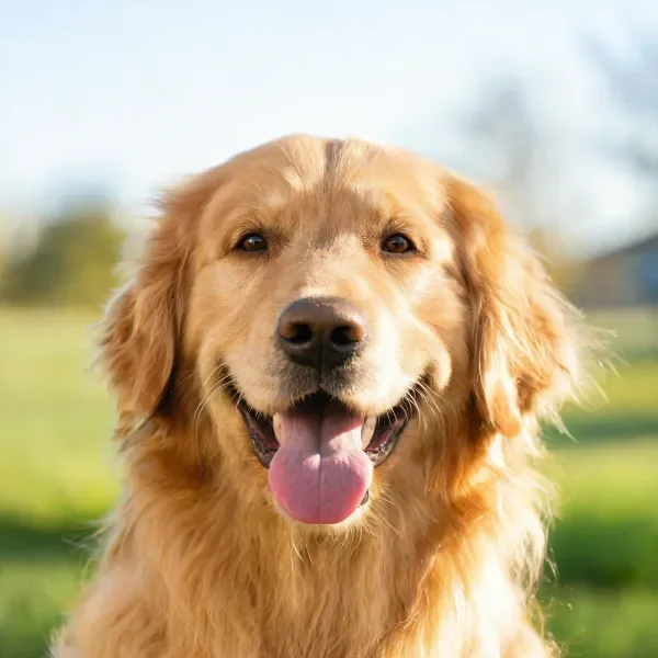 金毛寻回犬展现出蓬松柔软的金色毛发，嘴巴张开露出粉红色舌头。