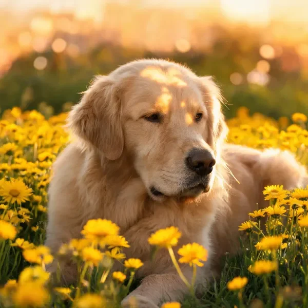 金毛犬躺卧在黄花花田中
