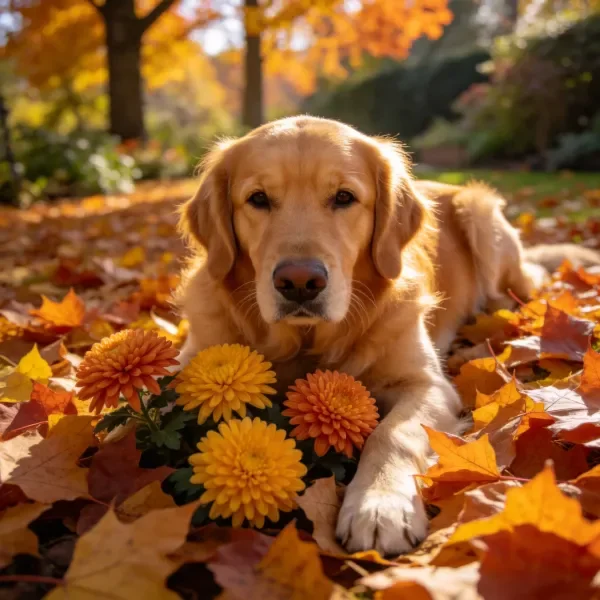 金毛寻回犬安静地趴在满是秋叶的地面上,身旁有几朵橙黄色菊花,毛发顺滑柔软。