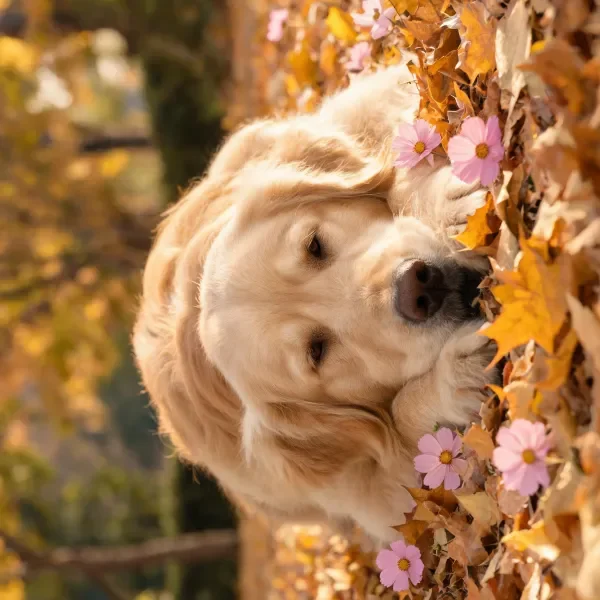 金毛寻回犬安静卧于满是金黄落叶与粉色小花的场景中，金色毛发柔软顺滑。