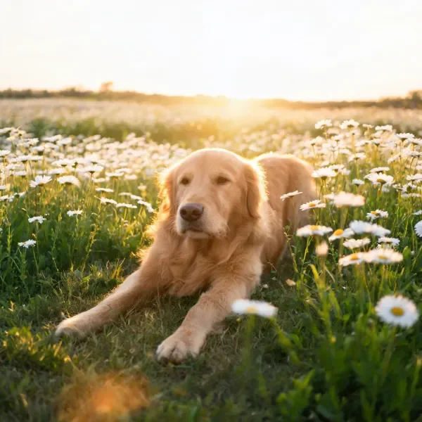 金毛犬安静地趴在雏菊花田中,金色毛发在夕阳下显得蓬松柔软。
