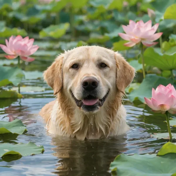 金毛寻回犬在荷塘中游泳,湿润的毛发贴附在头部周围。