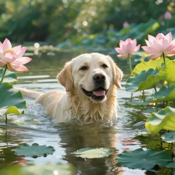 金毛寻回犬在荷花池中游泳，湿漉漉的金色毛发贴在头部，周围是盛开的粉色荷花。
