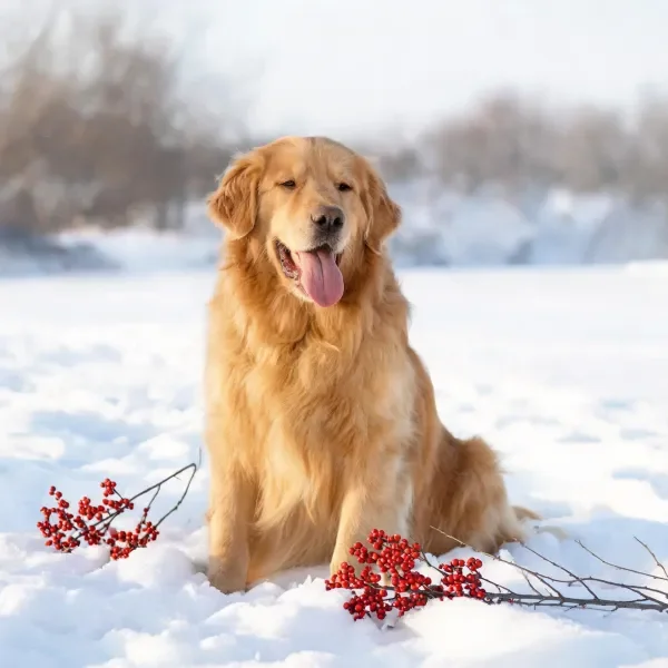 金毛猎犬有着金黄柔软的长毛,正安静坐在雪地上,身旁有几枝缀满红色浆果的树枝。